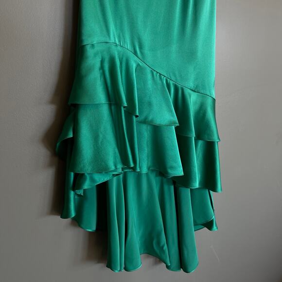 CINQ A SEPT Colina Satin One Shoulder Asymmetric Ruffle Dress Green Size 2 Chic - Picture 9 of 16